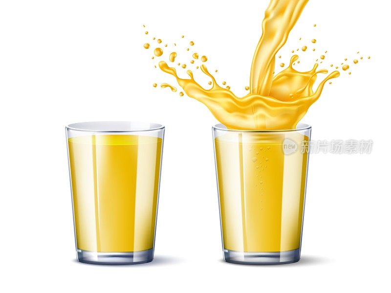 橙汁溅在玻璃杯上。现实full glass cup与水果饮料，抽象飞溅，喷射和飞行滴，热带芒果新鲜，明亮的液体在动态，3d绝对矢量集